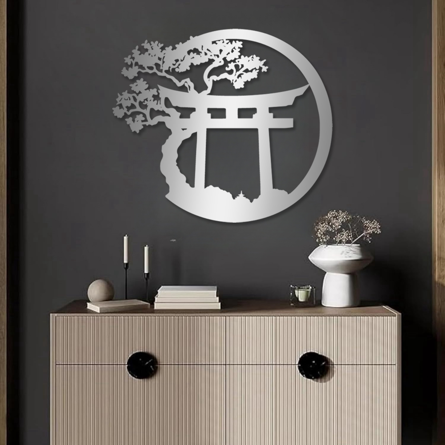 Japanese Wall Art Metal Japanese Decor Asian Art Religious Wall Decor Nature Cherry Blossom Tree Torii Gate Shinto Landscape Decoration Home Decor Aesthetics