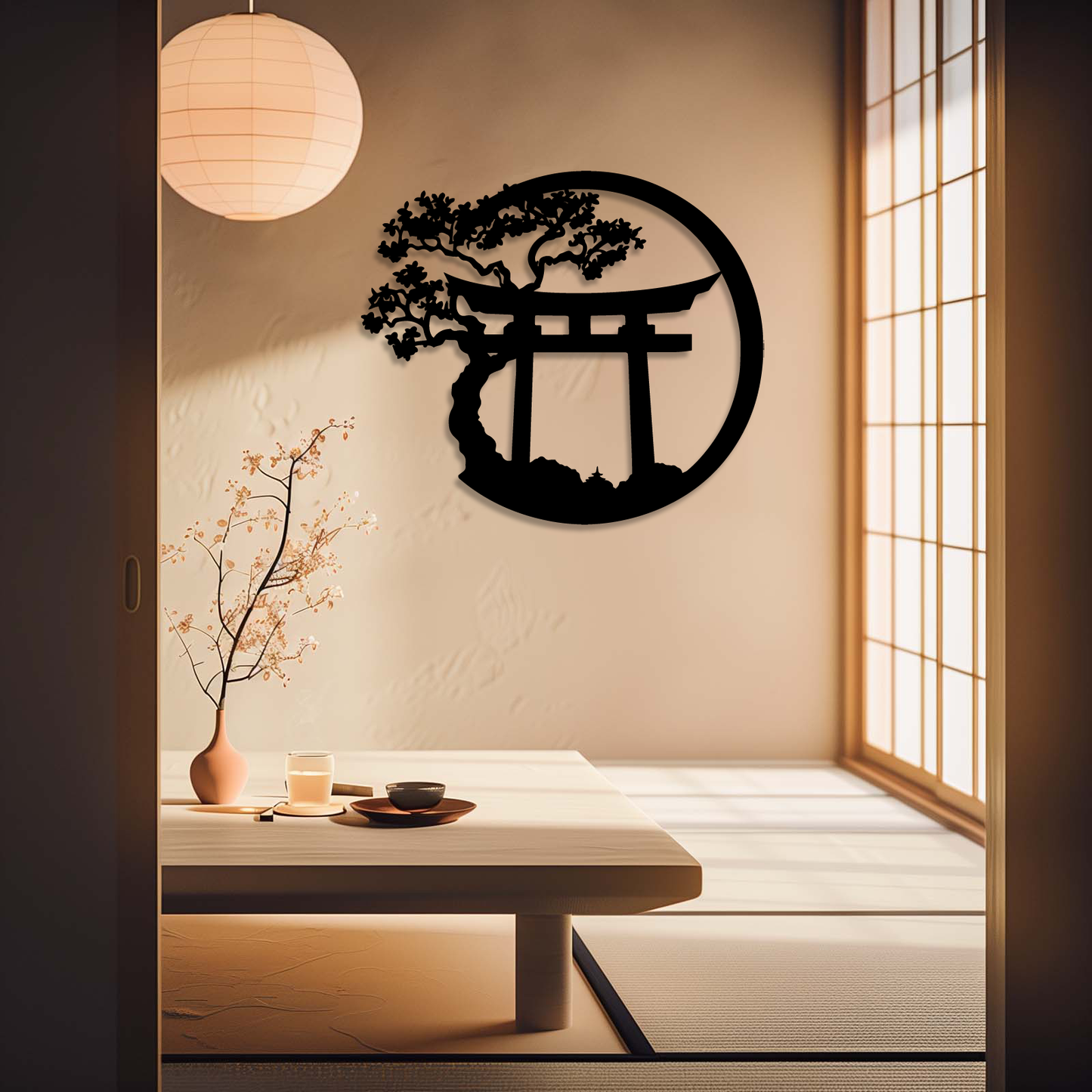 Japanese Wall Art Metal Japanese Decor Asian Art Religious Wall Decor Nature Cherry Blossom Tree Torii Gate Shinto Landscape Decoration Home Decor Aesthetics