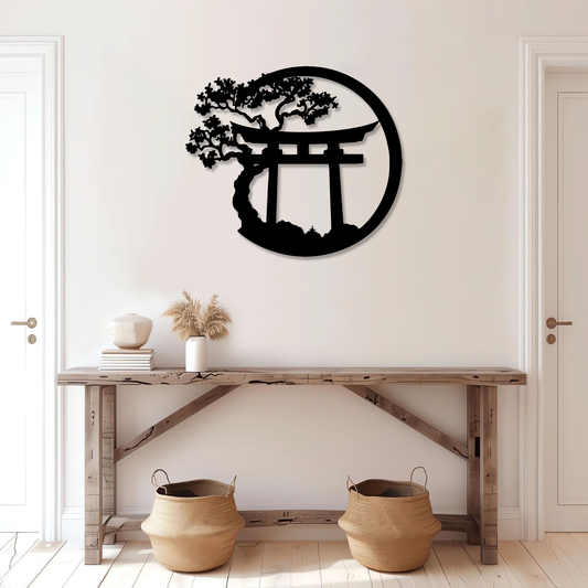 Japanese Wall Art Metal Japanese Decor Asian Art Religious Wall Decor Nature Cherry Blossom Tree Torii Gate Shinto Landscape Decoration Home Decor Aesthetics