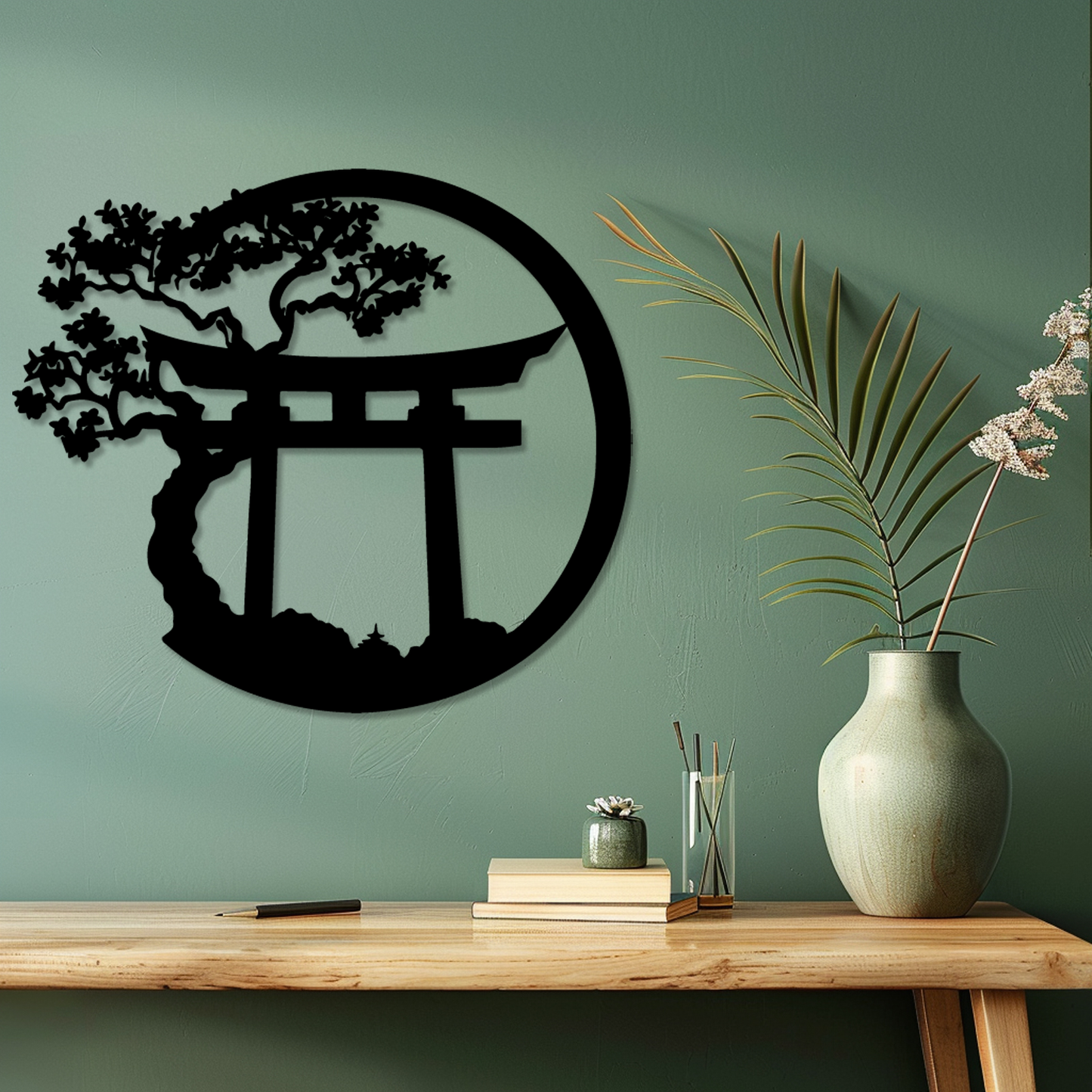 Japanese Wall Art Metal Japanese Decor Asian Art Religious Wall Decor Nature Cherry Blossom Tree Torii Gate Shinto Landscape Decoration Home Decor Aesthetics